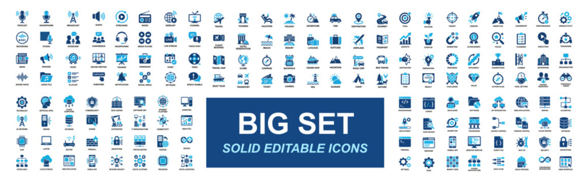 Mega icon set of business strategy, podcast media, travel tourism, AI technology, programming development, startup growth, cloud computing and digital communication. Solid icons vector illustration