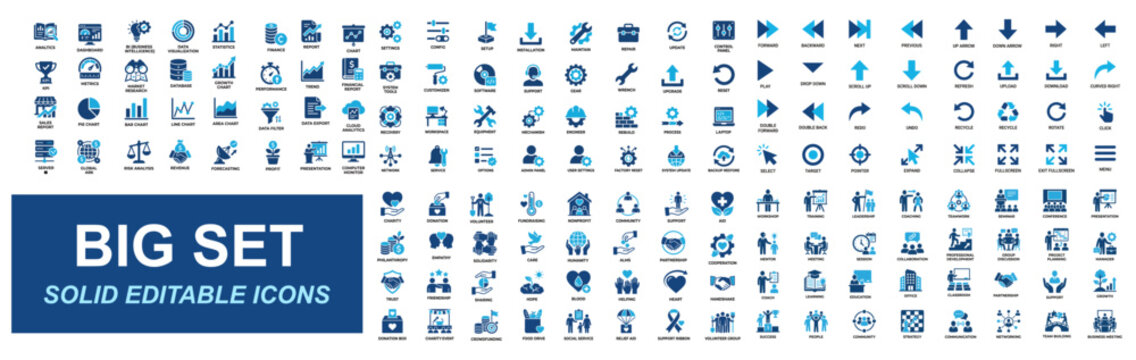 Mega icon set of business analytics, charity donation, settings configuration, corporate training, navigation arrows, dashboard interface, web controls and technology symbols. Solid icons vector