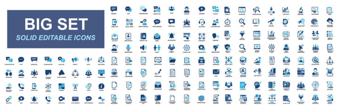 Mega icon set of recruitment, document management, communication, search analytics, customer support, digital marketing, HR hiring, business workflow and research solid icons collection. Vector