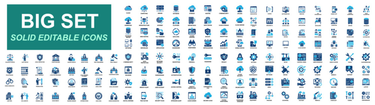 Mega icon set of programming, cybersecurity, cloud computing, law and justice, settings configuration, software development, API integration, workflow automation. Solid icons vector illustration