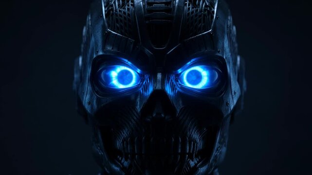 Futuristic terminator robot skull with glowing blue eyes