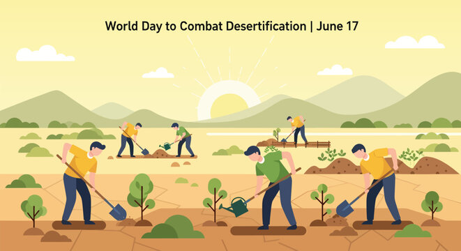 World day to combat desertification illustration with people planting trees