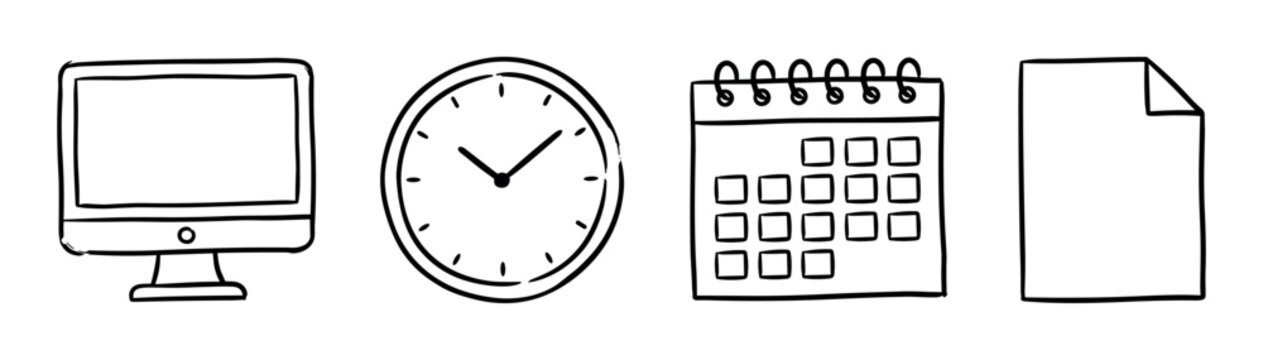 Computer monitor, analog clock, calendar, and document paper icons in a hand-drawn doodle style vector illustration for business and office concepts