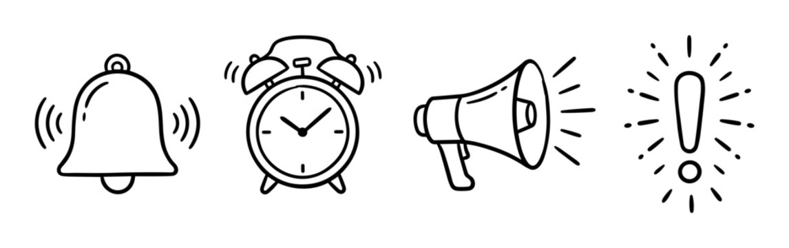 Bell alarm clock megaphone exclamation mark icons set, hand drawn doodle style vector illustration for notifications and alerts