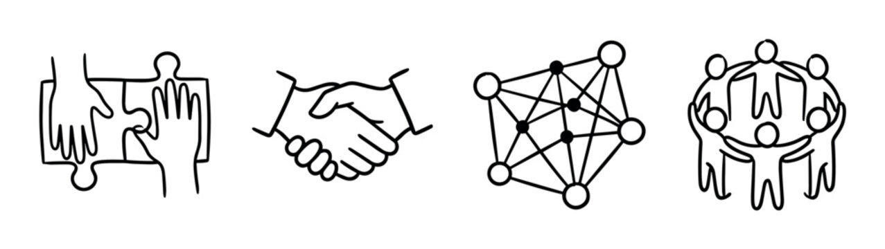 Hands connecting puzzle pieces, handshake, network of connected dots, and people holding hands in a circle line art icon set