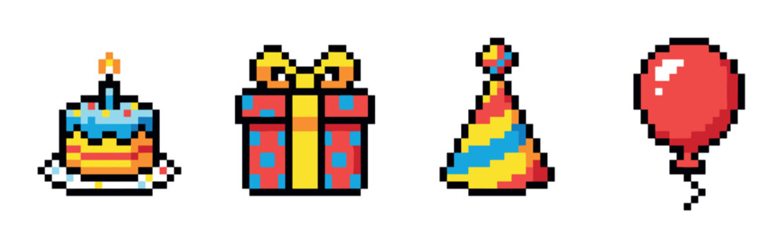 Birthday cake, gift box, party hat, and red balloon pixel art icons, perfect for retro-themed celebrations and digital designs