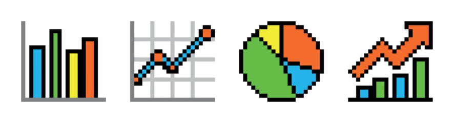 Fototapeta premium Bar chart, line graph, pie chart, and growing bar chart icons in a colorful pixel art style, perfect for data visualization and business analytics