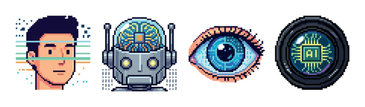 Human face scan, robot head with brain, bionic eye, and AI camera lens pixel art icons set, vector illustration
