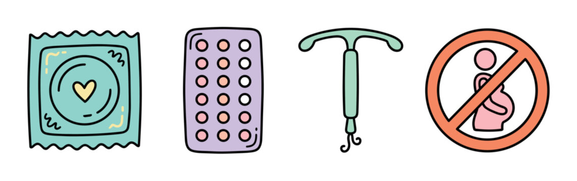 Condom, birth control pills, IUD, and no pregnancy sign icons representing various contraception methods doodle vector illustration set