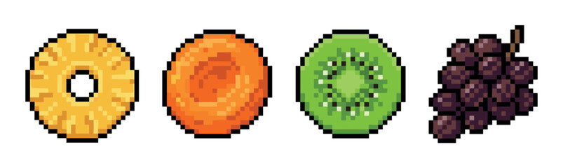 Fototapeta premium Pineapple slice, orange, kiwi, and grapes pixel art style vector illustration for retro game design