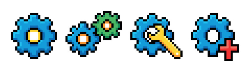 Obraz premium Blue and green pixel art gear icons with wrench and plus sign, representing settings, customization, and system adjustments in a retro video game style