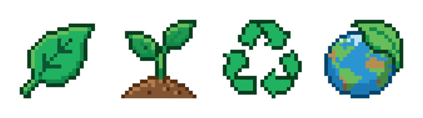 Fototapeta premium Green leaf, growing plant, recycling symbol, and earth globe with leaf pixel art icons set, vector illustration in retro 8-bit game style