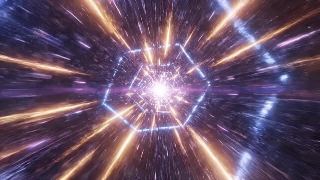 A vibrant, abstract tunnel of light and energy streaks forward, creating a mesmerizing and futuristic visual experience.