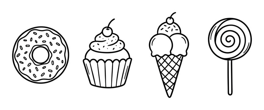 Donut, cupcake, ice cream cone, and lollipop sweet dessert treats line art vector illustration set for food and snack designs