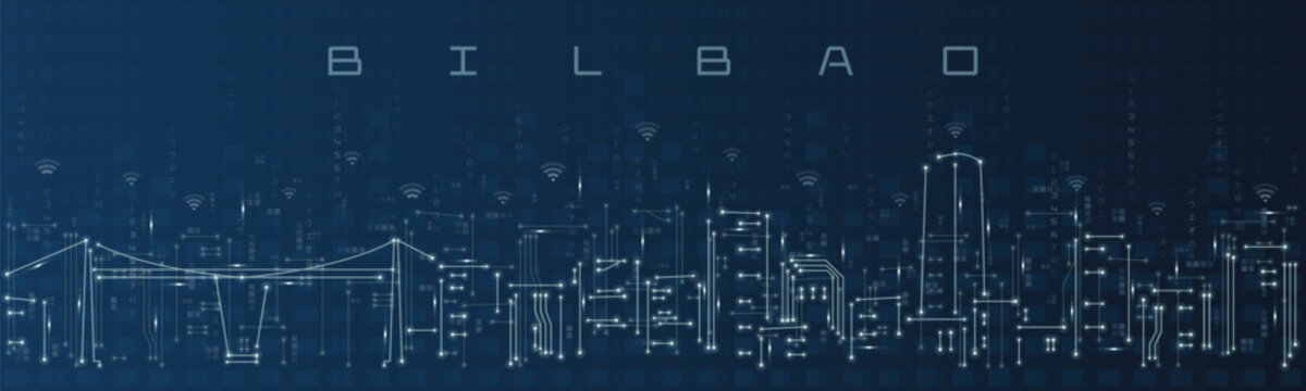 Bilbao Smart City Skyline Vector in Circuit Board Style Futuristic Technology Background