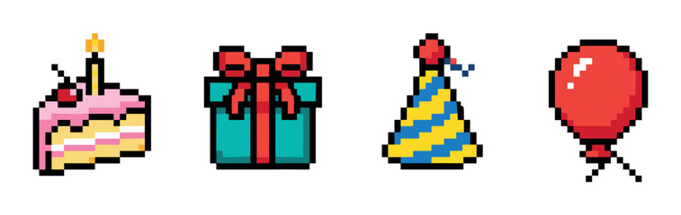 Fototapeta premium Birthday cake slice, gift box, party hat, and red balloon pixel art icons for celebration events