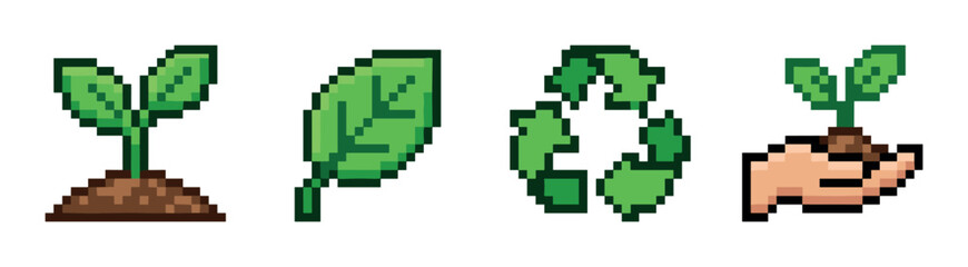Fototapeta premium Green plant sprout, leaf, recycling symbol, and hand holding a plant pixel art icon set, representing nature, growth, and environmental conservation in a retro video game style
