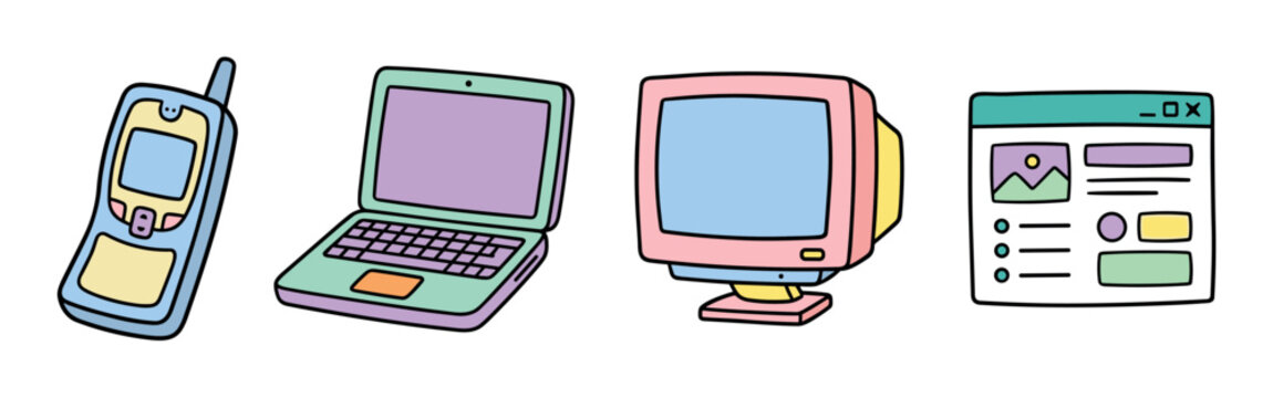 Mobile phone, laptop, desktop computer monitor, and web browser window icons in a cute pastel color flat design vector illustration