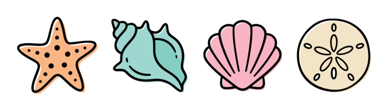 Starfish conch scallop sand dollar icons in a cute doodle style vector illustration for summer beach designs