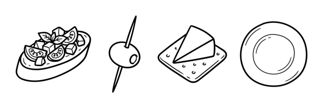 Bruschetta, olive skewer, cheese cracker, and plate icons in a hand-drawn doodle style vector illustration set for food and appetizer designs