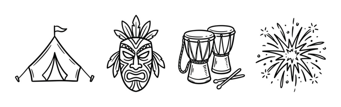 Camping tent, tribal mask, bongo drums, and fireworks icons in a hand-drawn doodle style vector illustration set for celebration and adventure designs