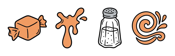 Obraz premium Caramel candy, liquid splash, salt shaker, and swirl icons representing sweet and salty flavors in a flat design vector illustration set