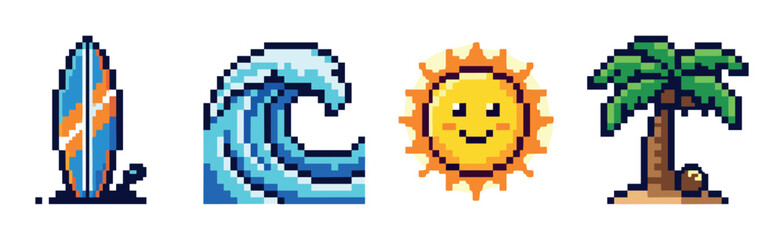 Fototapeta premium Surfboard, ocean wave, smiling sun, and palm tree pixel art icons set, summer vacation retro 8-bit style vector illustration