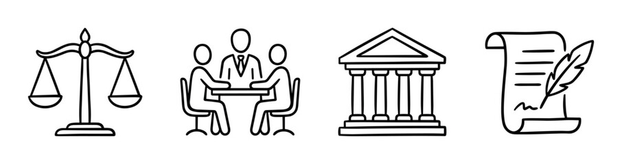 Obraz premium Scales of justice, legal consultation, courthouse building, and document with quill pen icons, hand-drawn vector illustration set