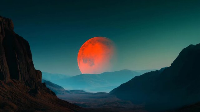 Alien planet rising over desert valley at twilight, cinematic sci fi landscape with red crescent moon, distant mountains, teal sky and mysterious extraterrestrial world atmosphere