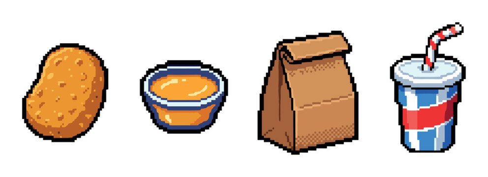 Potato nugget, dipping sauce, brown paper bag, and soda drink with straw pixel art style vector illustration