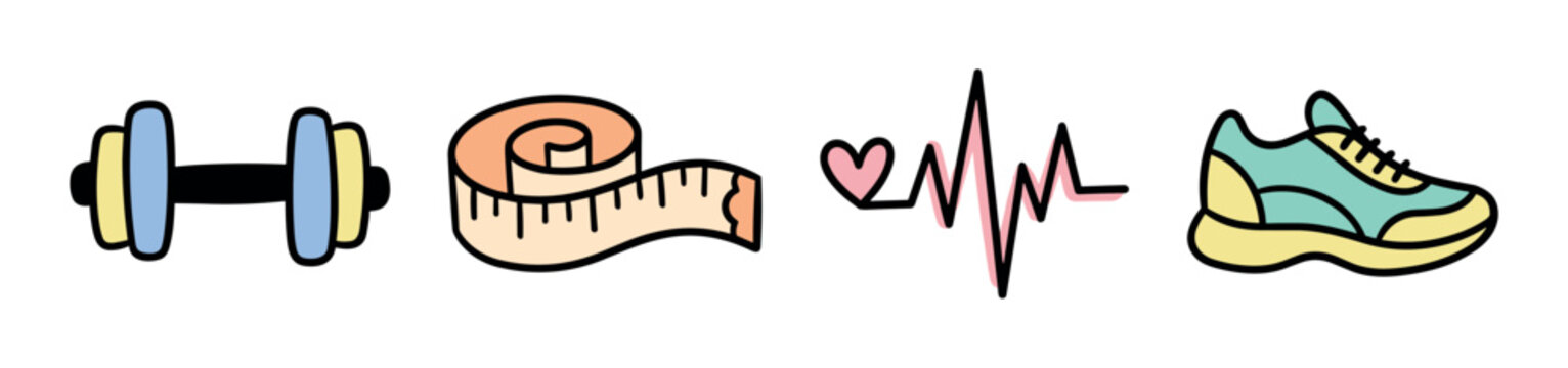 Dumbbell, measuring tape, heart rate, and running shoe icons representing fitness, health, and exercise in a cute doodle style vector illustration