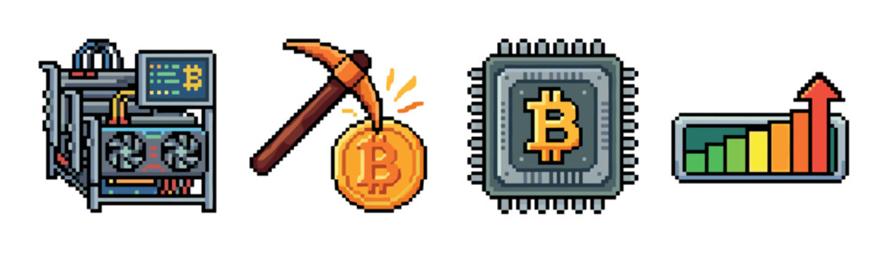 Bitcoin mining rig, pickaxe striking coin, CPU chip, and rising bar chart pixel art icons representing cryptocurrency growth and technology