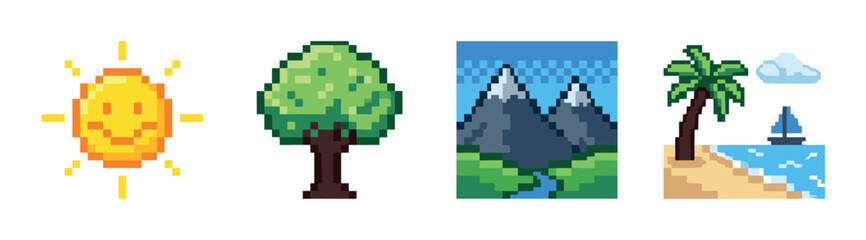 Obraz premium Sun tree mountains beach palm boat cloud pixel art icons set, retro 8-bit video game style vector illustration for digital design elements