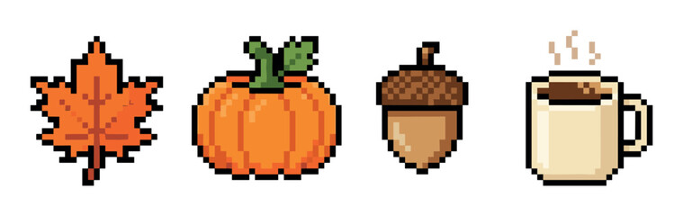 Fototapeta premium Maple leaf, pumpkin, acorn, and hot coffee cup pixel art icons, representing autumn season elements in a retro video game style vector illustration