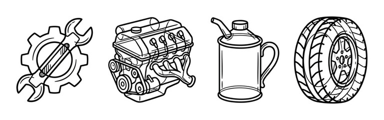 Fototapeta premium Wrench gear engine oil can tire icons, automotive service and repair parts line art vector illustration