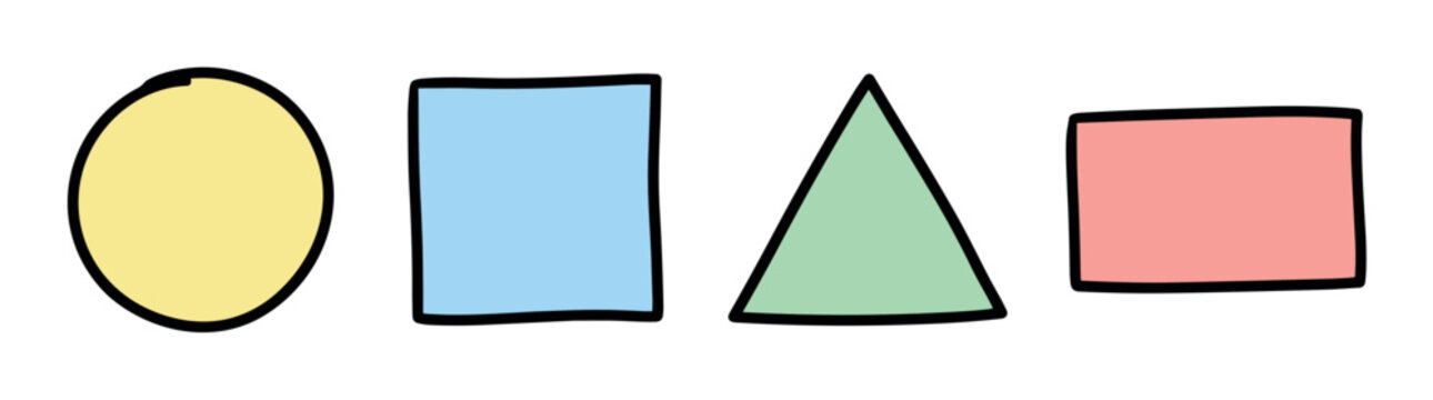 Circle square triangle rectangle geometric shapes with hand-drawn doodle outlines and pastel colors vector illustration