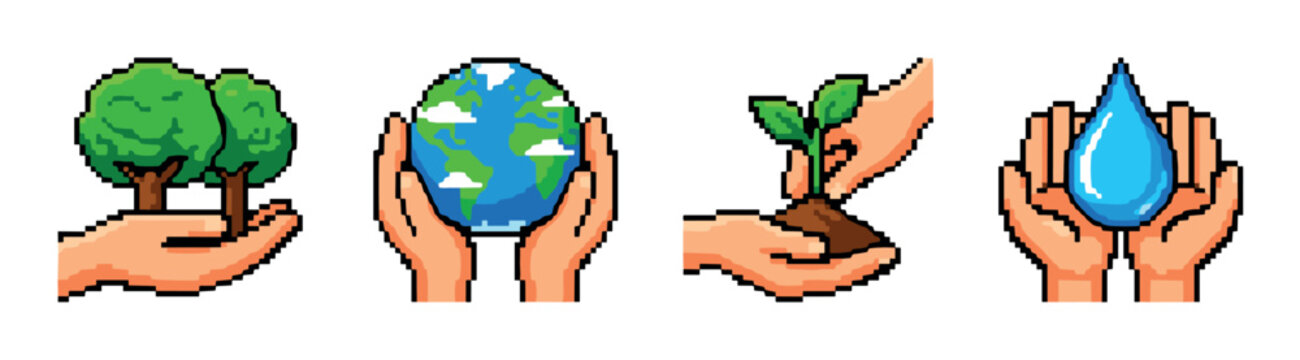 Hands holding trees, earth, seedling, and water drop pixel art style vector illustration set for environmental conservation