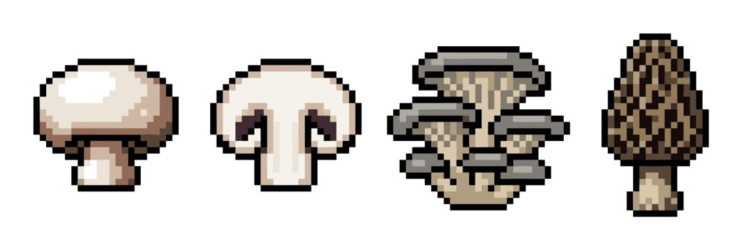 Mushroom, champignon, oyster, morel fungi pixel art icons for retro video games or digital projects, vector illustration
