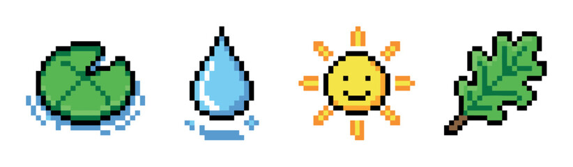 Fototapeta premium Water lily pad, raindrop, smiling sun, and oak leaf pixel art icons set for nature and weather themes