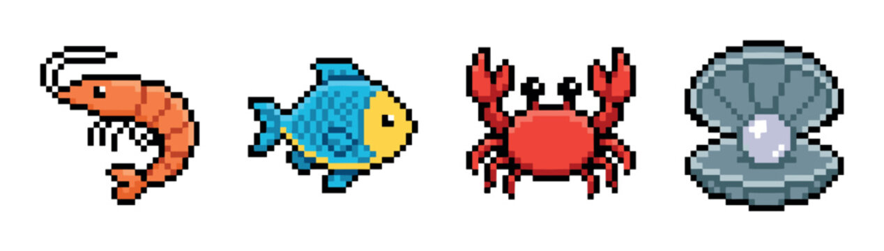 Shrimp, fish, crab, and clam with pearl pixel art icons, a charming collection of retro 8-bit style marine life vector illustrations for games and digital designs