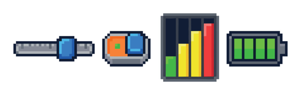 Slider control, toggle switch, bar chart, and battery level pixel art icons for user interface design elements