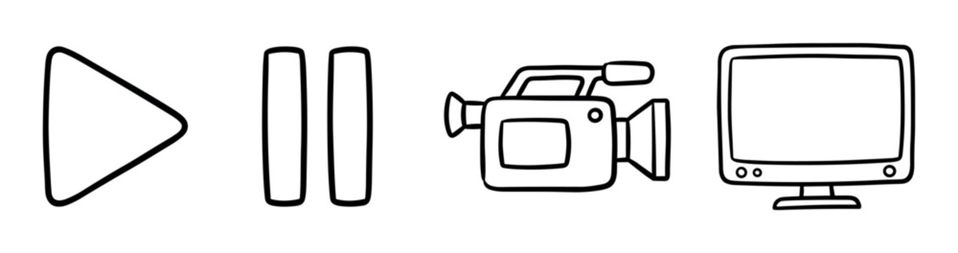 Play pause video camera monitor icons doodle style vector illustration for multimedia and entertainment applications