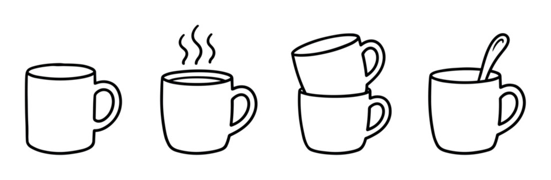 Coffee mugs, steaming cup, stacked cups, and a cup with a spoon, presented as a simple line art icon set for beverage concepts