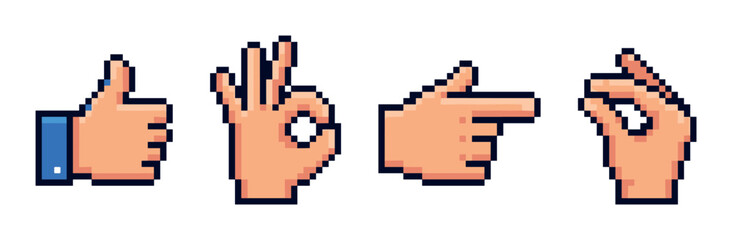 Fototapeta premium Thumbs up, OK, pointing, and pinch gesture hands pixel art style vector illustration set for user interface design