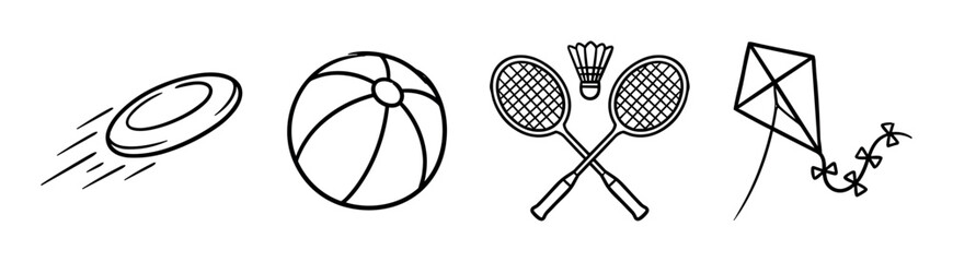 Obraz premium Frisbee beach ball badminton rackets shuttlecock kite icons, hand drawn doodle style vector illustration for summer activities and outdoor games