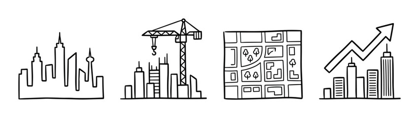Fototapeta premium City skyline, construction crane, urban map, and growing buildings with arrow icons, hand-drawn doodle style vector illustration set for urban development and growth concepts