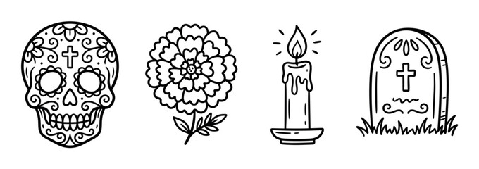 Fototapeta premium Sugar skull, marigold flower, burning candle, and tombstone icons, Day of the Dead celebration vector illustration set