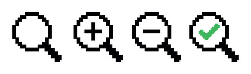 Fototapeta premium Magnifying glass search zoom in zoom out checkmark pixel art icons set, digital retro 8-bit style vector illustration for user interface design elements
