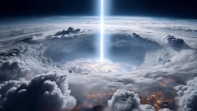 Asteroid impact crater on Earth seen from space, catastrophic cosmic event concept, planetary disaster, meteor strike, shockwave, atmosphere, clouds and cinematic apocalyptic scien