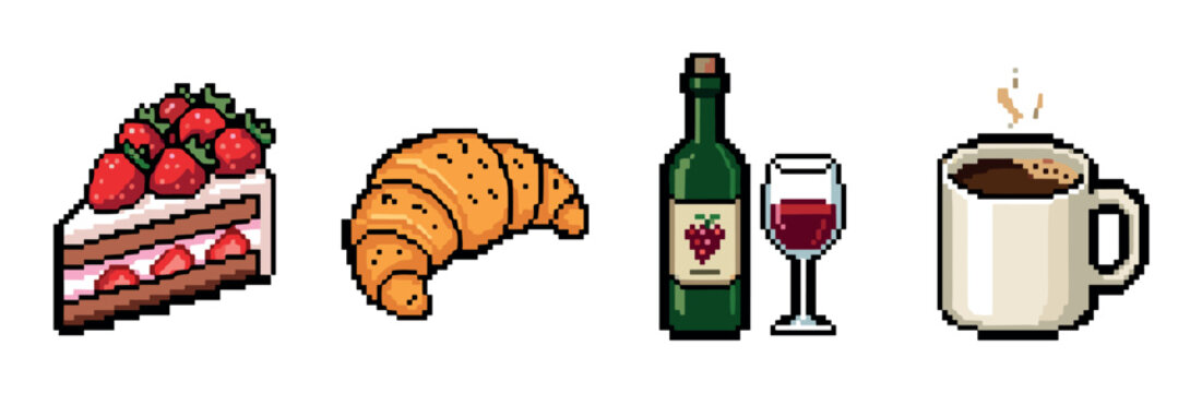 Strawberry cake slice, croissant, wine bottle, wine glass, and coffee mug pixel art illustration set for food and drink themes